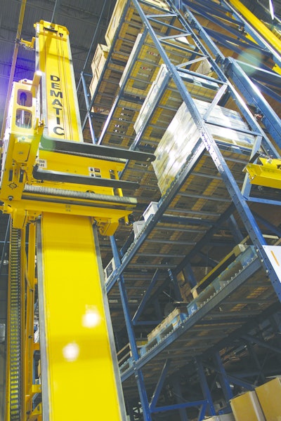 Dematic’s HK3000RF AS/RS, which can be retrofitted to existing warehouses, has a rotating fork that picks from either side of a racking aisle.
