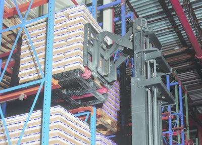 Plastic rackable and reusable pallets used for the storage of finished goods cases.