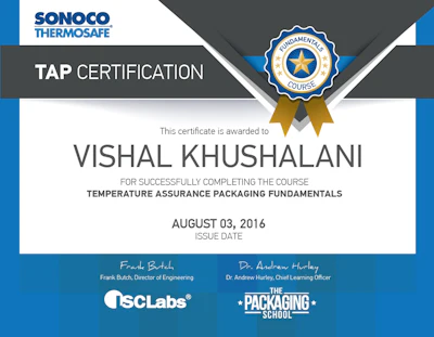 The certification program was developed by Sonoco ThermoSafe&rsquo;s ISCLabs in partnership with The Packaging School.