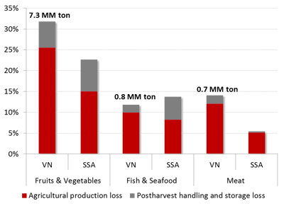 Agricultural production and post-harvest handling, storage and transportation losses for Vietnam compared to and FAO results for South-Southeast Asia.
