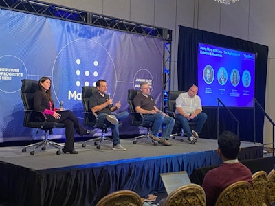 Marina Mayer, editor-in-chief of Food Logistics and Supply & Demand Chain Executive, interviews (from left to right) Lior Elazary, founder and CEO of InVia Robotics; Damion Shelton, CEO at Agility Robotics; and Carsten Funke, CEO at Picavi on the ins and outs of robotics in warehousing.