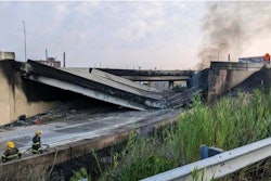 This image provided by the Office of Emergency Management shows firefighters standing near the collapsed part of I-95 in Philadelphia, Sunday, June 11, 2023.
