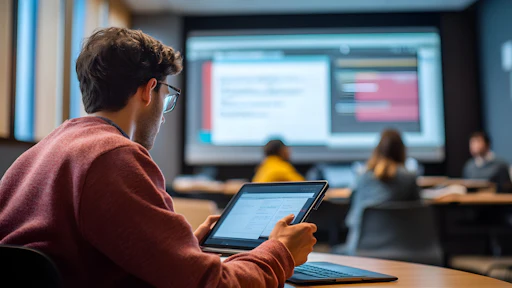 A teacher reading from a tablet.