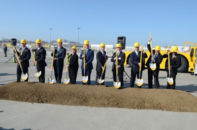 (Left to Right): Dan Tobergte, President/CEO, NKY Tri-ED; Travis Cobb, VP of DHL Americas Hubs, Gateways and Network Control; Lt. Gov. of KY Jerry Abramson; Candace McGraw, CVG CEO; Stephen Fenwick, CEO DHL Express Americas; Gov. of KY, Steve Beshear; Ken Allen, Global CEO, DHL Express; Mike Parra, SVP of Network Operations, DHL Americas; Charlie Dobbie, EVP Global Network Operations, Aviation & IT, DHL Express; Mark Mallory, Mayor of Cincinnati.
