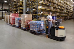 Crown Equipment’s TR 4500 series of tuggers allow operators to tow a rolling load capacity of 10,000 pounds.