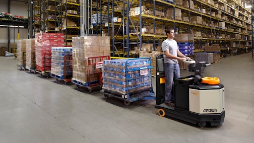 Crown Equipment’s TR 4500 series of tuggers allow operators to tow a rolling load capacity of 10,000 pounds.