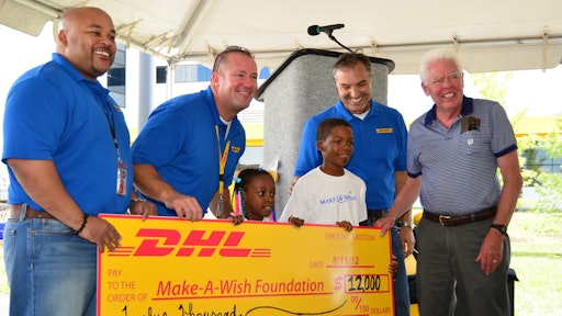 (left to right): Cain Moodie, DHL Express, Travis Cobb, DHL Americas Hubs, Gateways, Network Control, Sierra of Make-a-Wish, Daniel of Make-a-Wish, Mike Parra, DHL Express and David Mann, Make-A-Wish board member.
