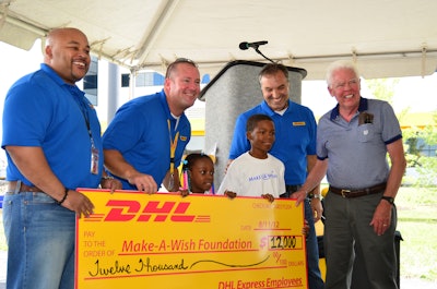 (left to right): Cain Moodie, DHL Express, Travis Cobb, DHL Americas Hubs, Gateways, Network Control, Sierra of Make-a-Wish, Daniel of Make-a-Wish, Mike Parra, DHL Express and David Mann, Make-A-Wish board member.
