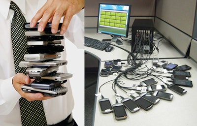 Automated tools streamline mobile device refurbishing operations by allowing for simultaneous batch processing of multiple devices.