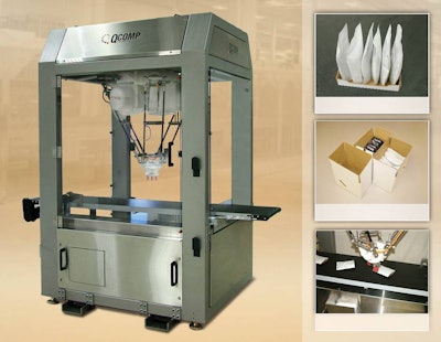QComp Technologies’ High Speed Pick & Pack robot solution packs cases in horizontal or vertical package configurations.