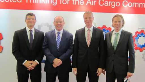 Pictured (from left to right) during the World Cargo Symposium in Doha: John DeBenedette, Managing Director, WIN; David Yokeum, President and CEO, WCA; Felix Keck, Vice President Corporate Relations, CHAMP Cargosystems; Aike Hoefft, Head of Forwarder & Global Distribution Services, CHAMP Cargosystems