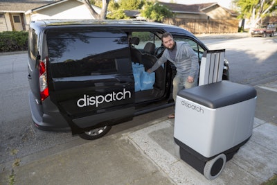 Dispatch’s first vehicle, nicknamed Carry, has four compartments that can carry a total of 100 pounds. The vehicle travels at the pace of pedestrians on sidewalks and bike paths, and is engineered to complete multiple deliveries per trip.