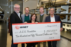 Members of the Avnet Innovation Lab Council presented a check February 2016. From left to right, Wade McDaniel, vice president of supply chain solutions, Avnet, Inc.; Dr. Cody Friesen, ASU Associate Professor and CEO of Zero Mass Water; MaryAnn Miller, senior vice president, chief human resources officer and corporate marketing & communications for Avnet, Inc.; Dr. Kyle Squires, Dean of Ira A. Fulton Schools of Engineering; and Kris Burgoon, vice president of marketing services, Avnet Electronics Marketing.