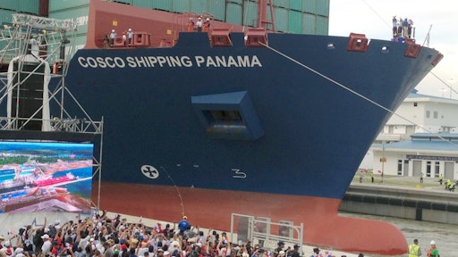Port Manatee Chief Commercial Officer Matty Appice snapped this image of the COSCO Shipping Panama becoming the first container ship to pass through expanded Panama Canal locks on June 26.