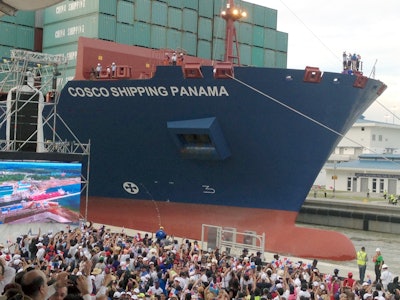 Port Manatee Chief Commercial Officer Matty Appice snapped this image of the COSCO Shipping Panama becoming the first container ship to pass through expanded Panama Canal locks on June 26.