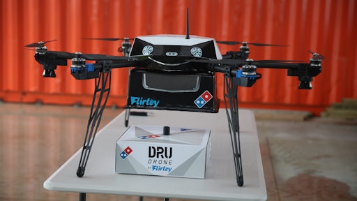The Flirtey drone conducted an autonomous flight to deliver a hot Domino's pizza, showcasing the scalable drone delivery technology developed by Flirtey.