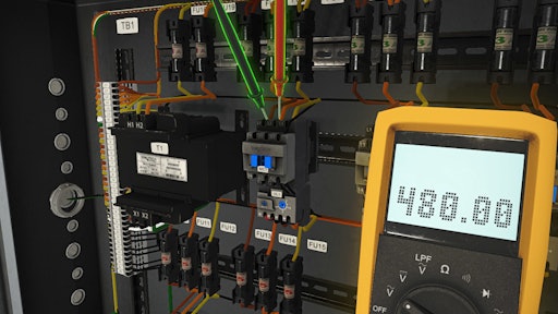 Simutech Multimedia’s screenshot of the new Troubleshooting Industrial Sensors training tool in 3D, focusing on teaching industrial PLC analog inputs, PLCs and associated devices.