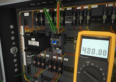 Simutech Multimedia’s screenshot of the new Troubleshooting Industrial Sensors training tool in 3D, focusing on teaching industrial PLC analog inputs, PLCs and associated devices.