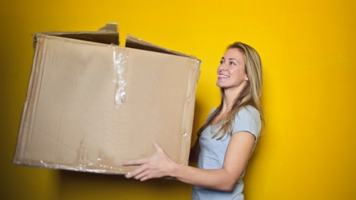 Woman In Grey Shirt Holding Brown Cardboard Box 761999