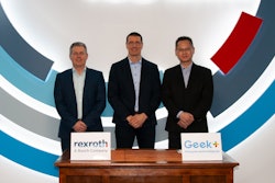 Geek+& Bosch Rexroth Joerg Heckel (pd Intralogistics Robotics At Bosch Rexroth), Thomas Fechner (svp Product Area New Business At Bosch Rexroth) And Jackson Zhang (vp Europe Geek+)