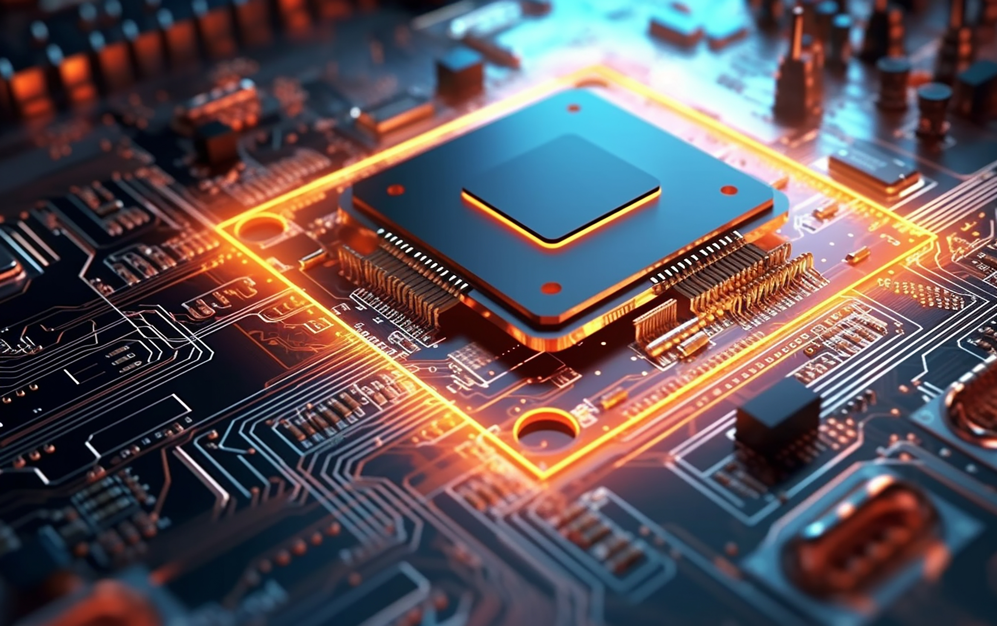 Glowing microchip processor on illuminated circuit board with orange and blue lighting