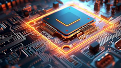Glowing microchip processor on illuminated circuit board with orange and blue lighting