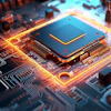 Glowing microchip processor on illuminated circuit board with orange and blue lighting