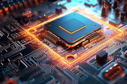Glowing microchip processor on illuminated circuit board with orange and blue lighting