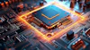 Glowing microchip processor on illuminated circuit board with orange and blue lighting