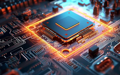 Glowing microchip processor on illuminated circuit board with orange and blue lighting