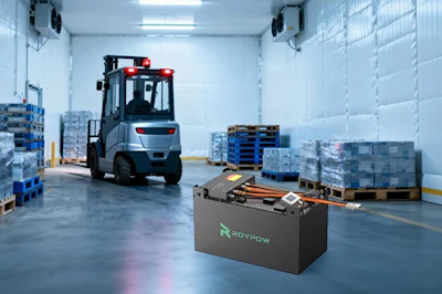 ROYBOW battery unit in modern warehouse with forklift and stacked pallets