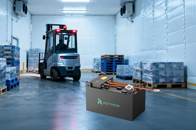 ROYBOW battery unit in modern warehouse with forklift and stacked pallets