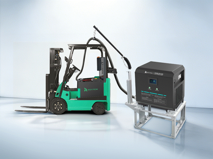 Green electric forklift with battery power system displayed on white background