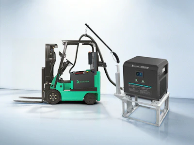 Green electric forklift with battery power system displayed on white background