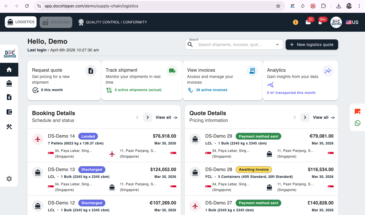 Doc Shipper Main Dashboard Page