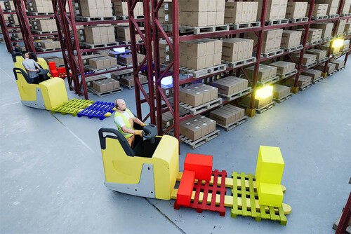 Warehouse facility with yellow and red forklifts operating near burgundy pallet racks stacked with cardboard boxes.