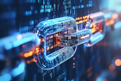 Digital 3D chain links with binary code and glowing blue and orange particles representing blockchain or cybersecurity technology