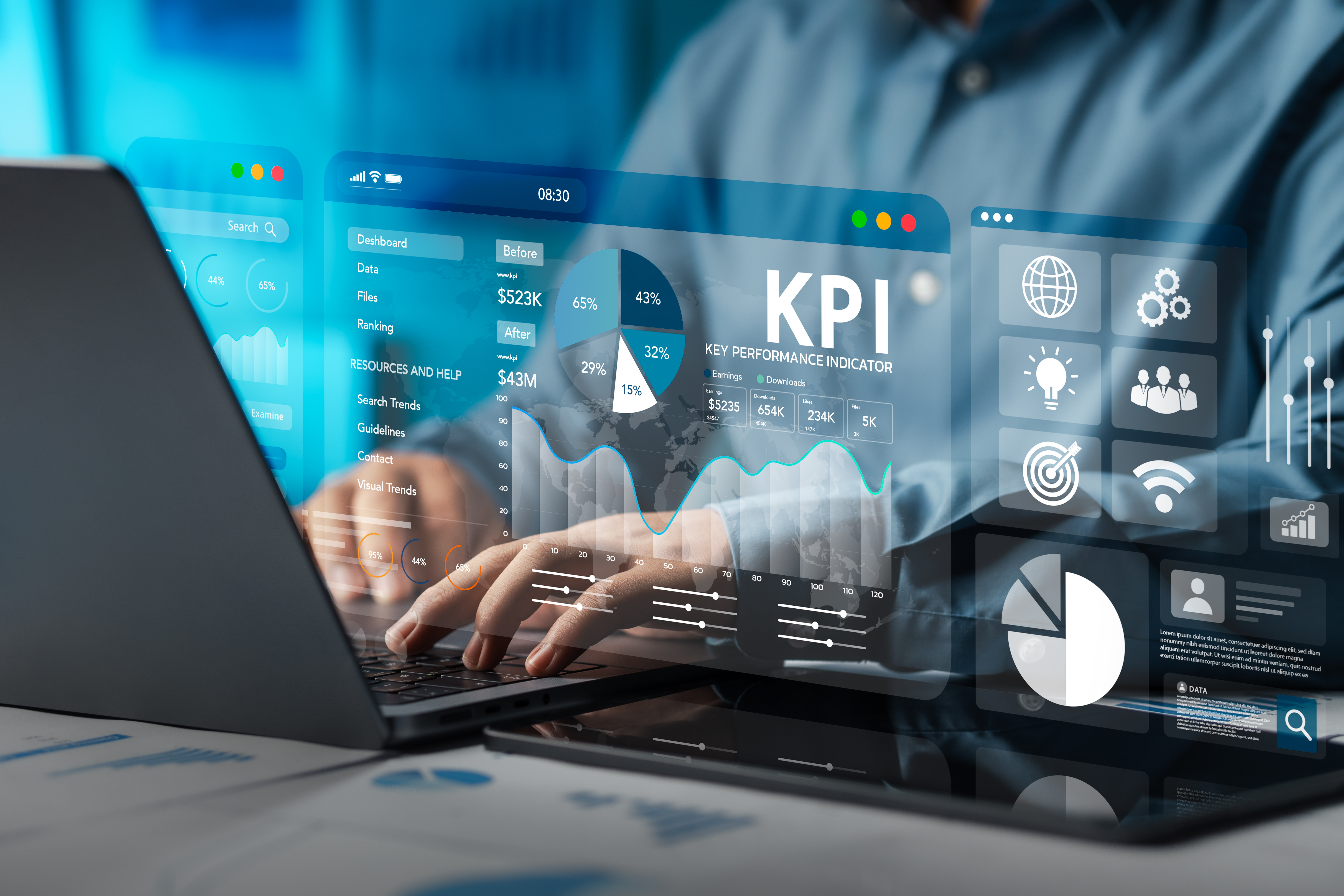 Professional analyzing KPI metrics on laptop with holographic business dashboard displaying charts, graphs, and analytics data