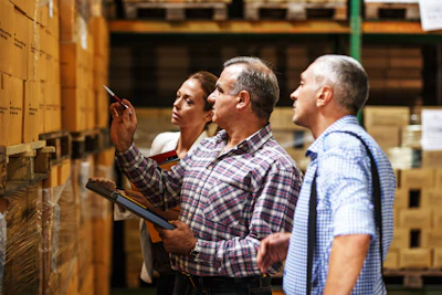 Warehouse workers reviewing inventory boxes on shelves in a storage facility