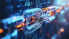 Digital chain link with binary code and glowing blue and orange data streams representing cybersecurity and blockchain technology