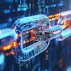 Digital chain link with binary code and glowing blue and orange data streams representing cybersecurity and blockchain technology