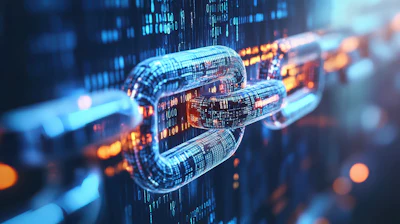 Digital chain link with binary code and glowing blue and orange data streams representing cybersecurity and blockchain technology