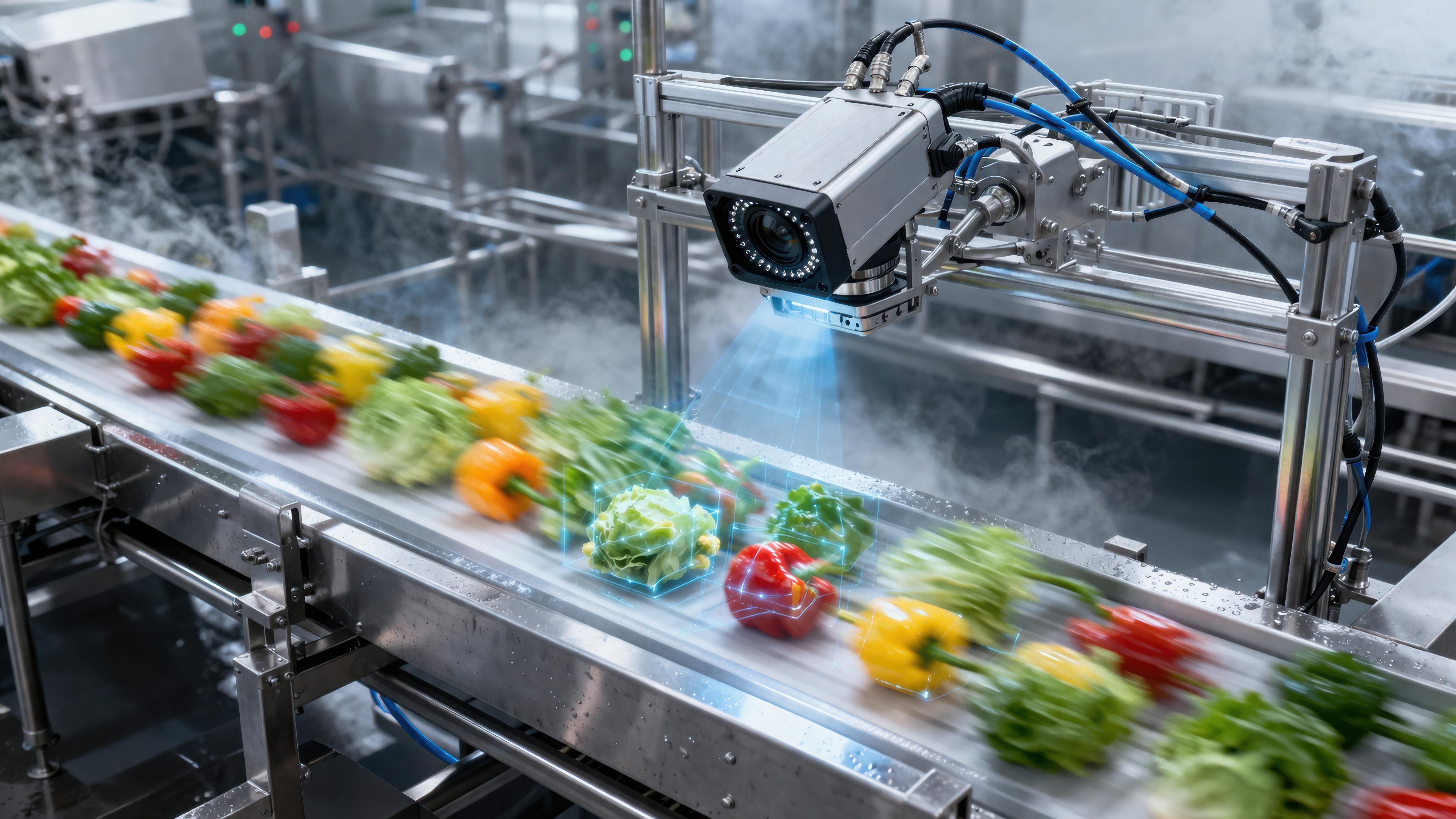 Automated vision inspection system monitoring colorful peppers and vegetables on industrial conveyor belt