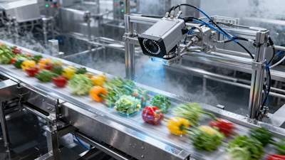 Automated vision inspection system monitoring colorful peppers and vegetables on industrial conveyor belt