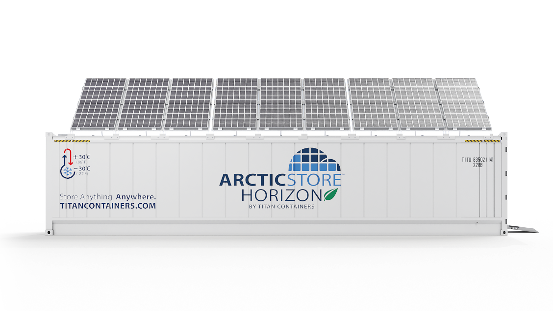 Arctic Store Horizon refrigerated shipping container with solar panels and Titan Containers branding