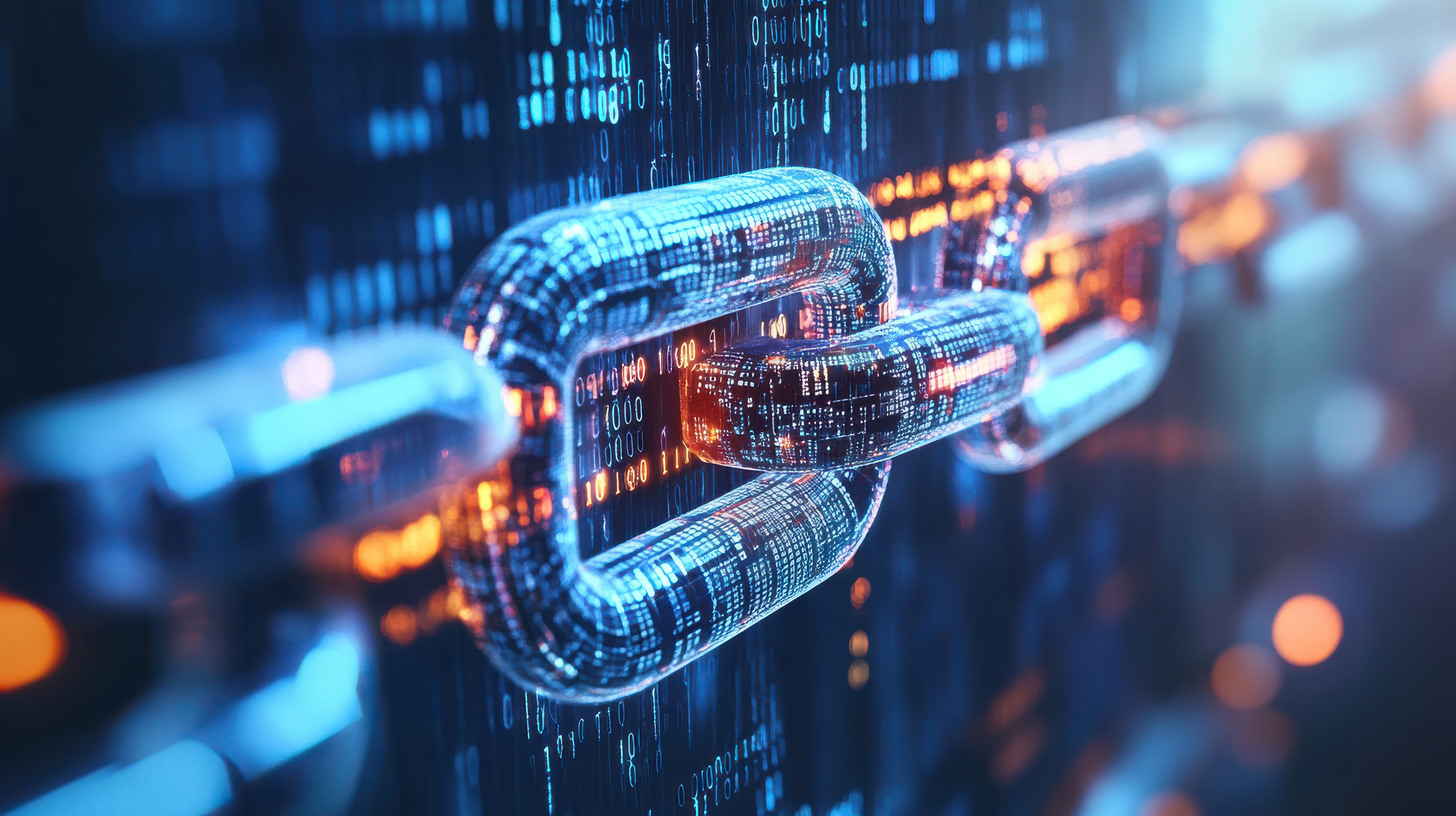 Digital chain links with binary code representing data security and blockchain technology