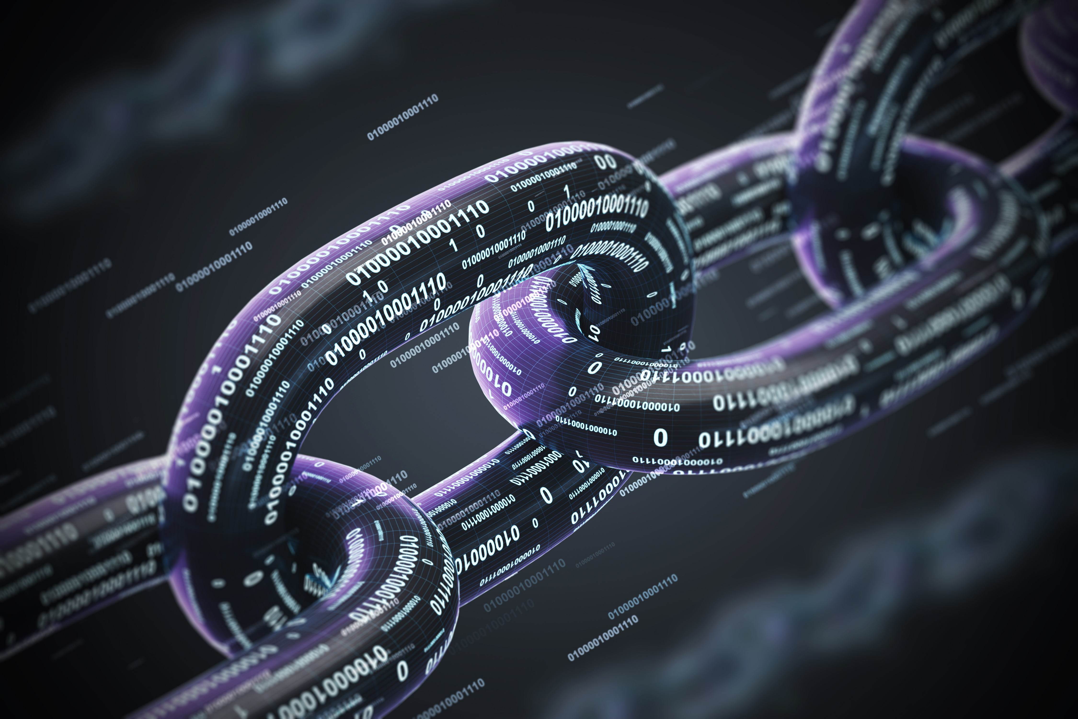 Abstract 3D digital chain links with purple neon glow and binary code visualization on dark background
