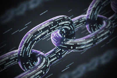 Abstract 3D digital chain links with purple neon glow and binary code visualization on dark background