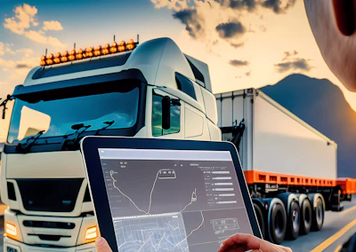 Fleet management tablet displaying route tracking with commercial trucks on highway at sunset