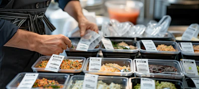Chef preparing food at a catering station with multiple labeled dishes in metal containers
